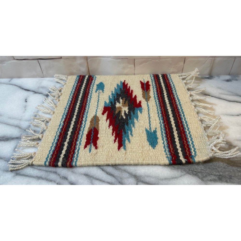 Southwestern Handwoven Wool Textile Small Rug Arrow Diamond Fringed Cream 10x13